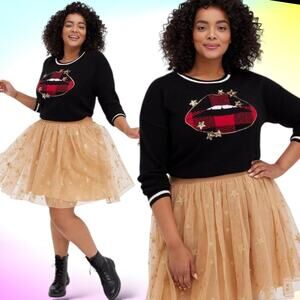 TORRID Oversized Festive Sparkle Holidays Sweater Gold Stars Sequins Lips Black